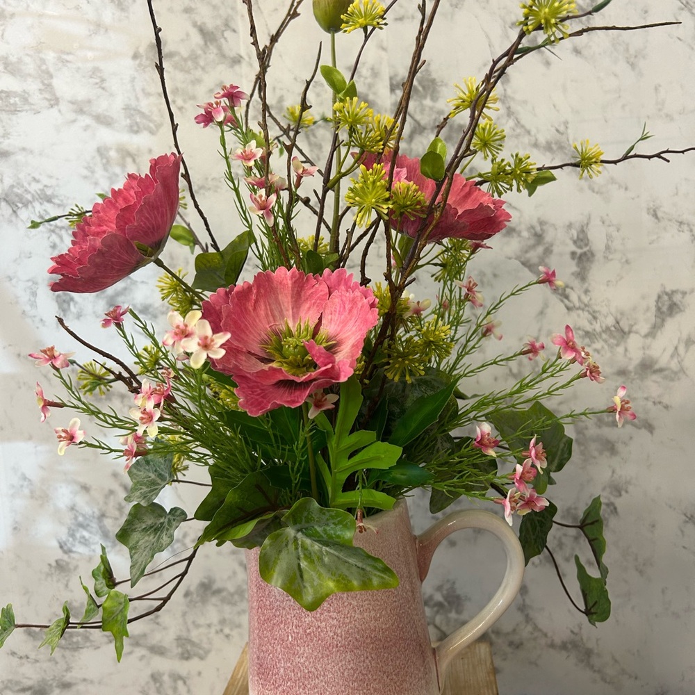 Vibrant Pink Faux Floral Arrangement in Ceramic Pitcher